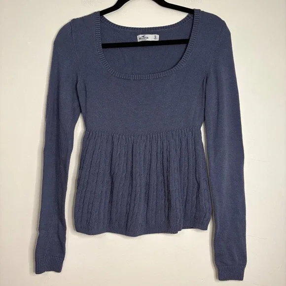 Hollister Long Sleeve Babydoll Knit Top Square Neck Women's Blue - Picture 1 of 5